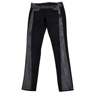 Solid Super Skinny Black Leather Accent Denim Pants Size 25